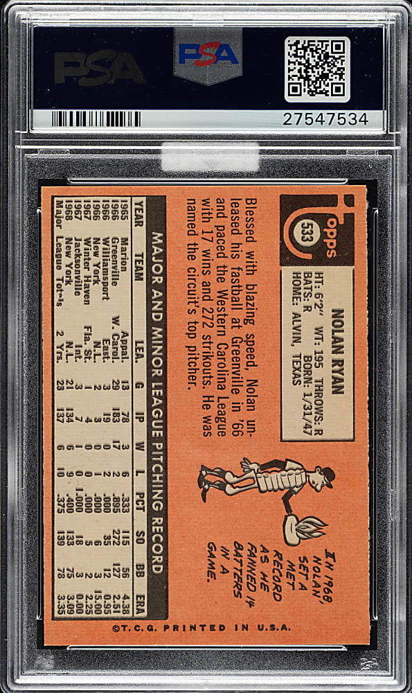 1969 Topps #533 Nolan Ryan PSA MINT 9 (MBA Gold Diamond)