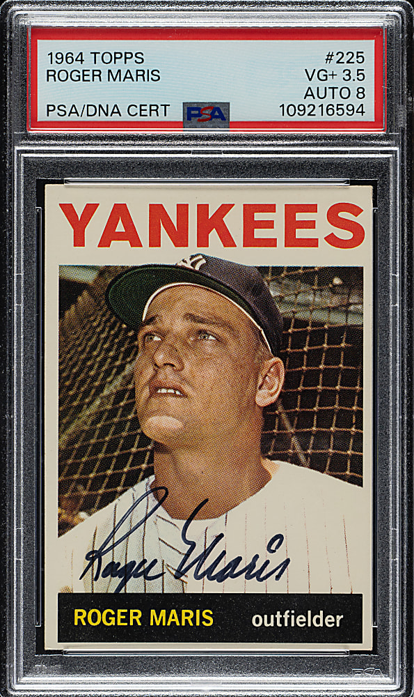 Signed 1964 Topps #225 Roger Maris PSA VG+ 3.5 with NM-MT 8 Signature