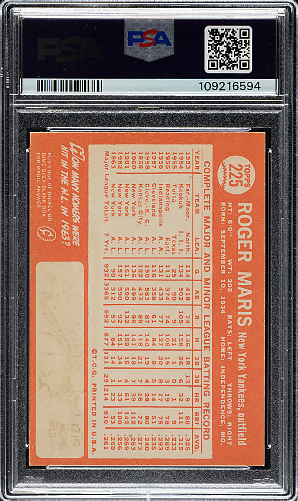 Signed 1964 Topps #225 Roger Maris PSA VG+ 3.5 with NM-MT 8 Signature