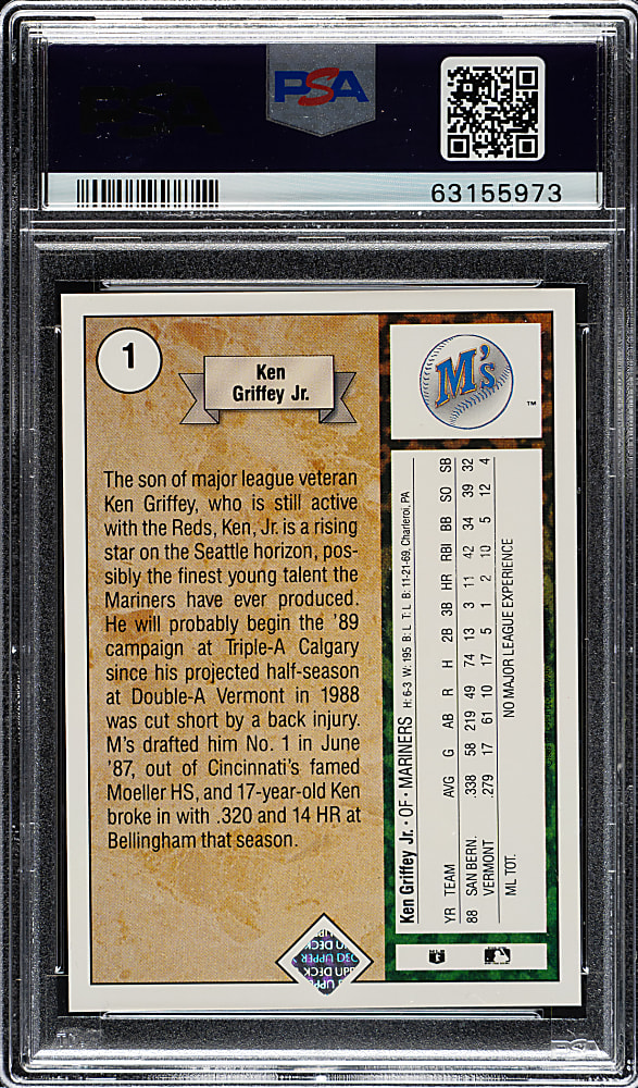 Signed 1989 Upper Deck #1 Ken Griffey Jr. Rookie PSA GEM MINT 10 with GEM MINT 10 Signature