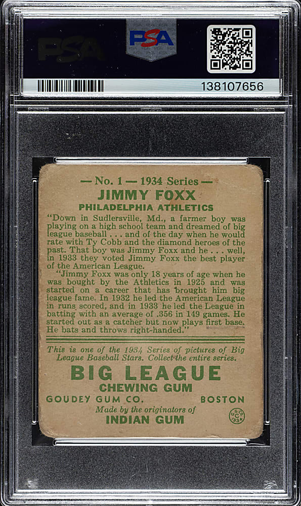 Signed 1934 R320 Goudey #1 Jimmy Foxx PSA FAIR 1.5 (MK) with NM-MT 8 Signature