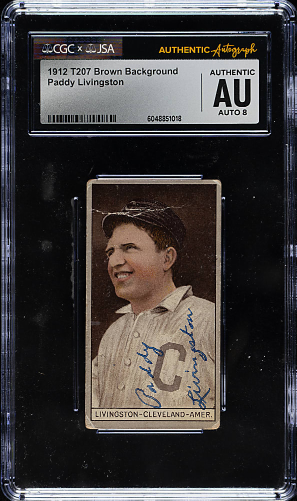 Signed 1912 T207 Brown Background Paddy Livingston Large "C" On Shirt CGC/JSA NM-MT 8 Signature