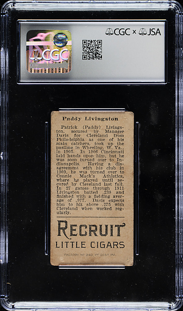 Signed 1912 T207 Brown Background Paddy Livingston Large "C" On Shirt CGC/JSA NM-MT 8 Signature