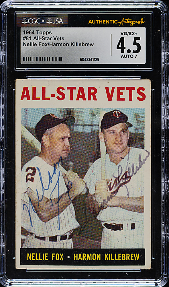 Signed 1964 Topps #81 All-Star Vets with Nellie Fox and Harmon Killebrew CGC/JSA VG/EX+ 4.5 with NM 7 Signature
