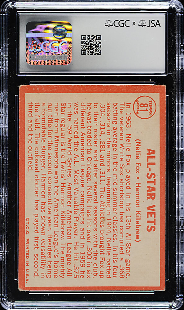 Signed 1964 Topps #81 All-Star Vets with Nellie Fox and Harmon Killebrew CGC/JSA VG/EX+ 4.5 with NM 7 Signature
