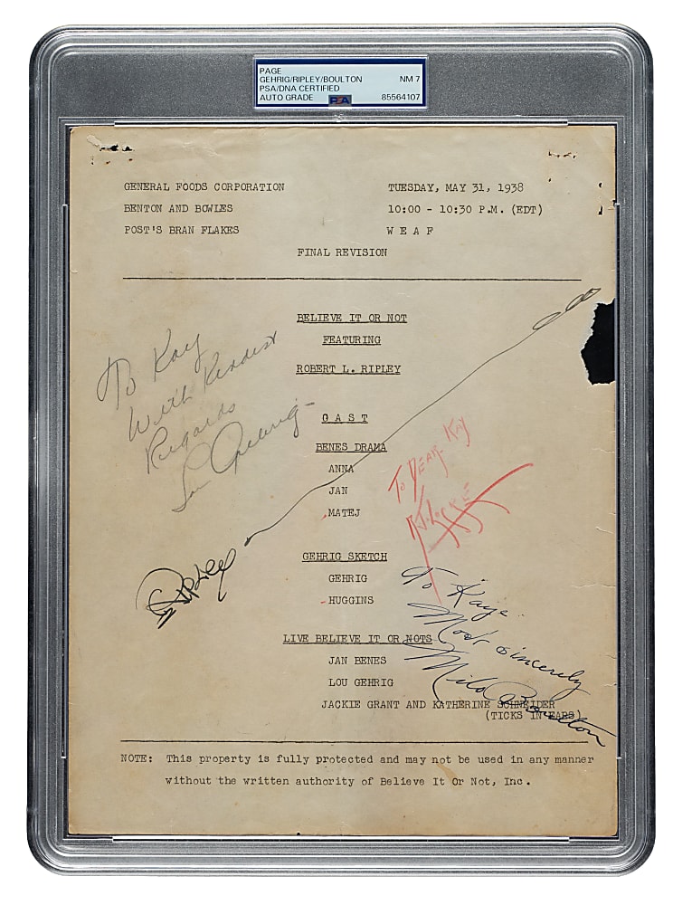 1938 Lou Gehrig and Robert Ripley Signed Radio Script PSA/DNA NM 7 - Gehrig's 2000th Consecutive Game