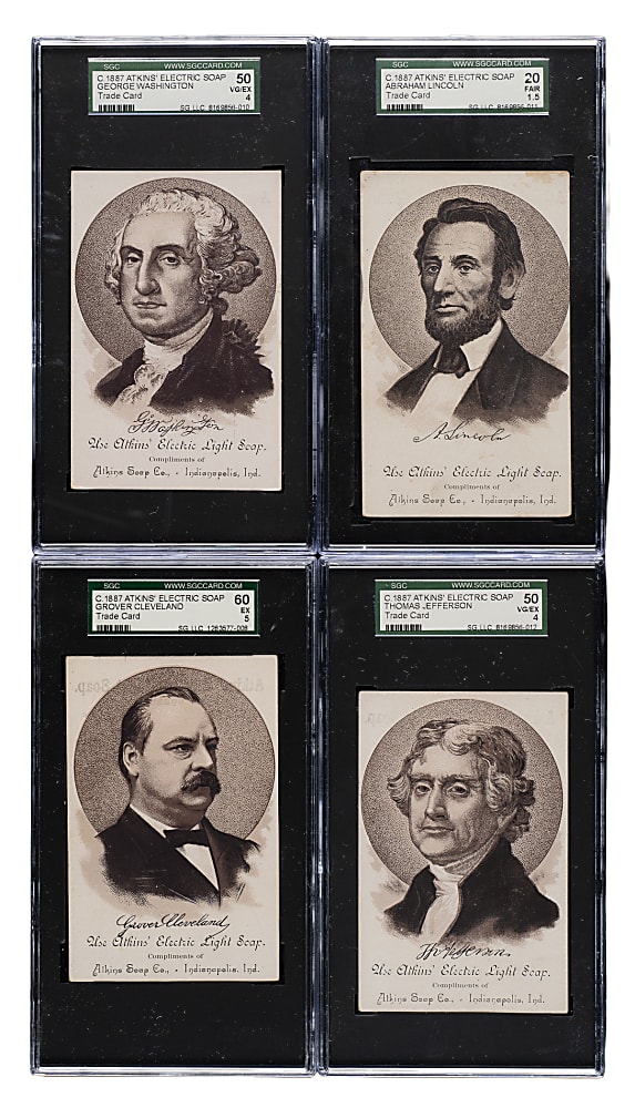 Circa 1887 Atkins' Electric Soap Trade Card SGC-Graded Collection (16) Including Abraham Lincoln, George Washington, and Thomas Jefferson