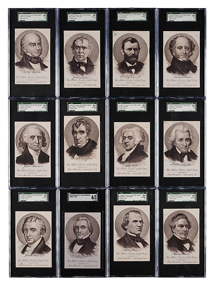 Circa 1887 Atkins' Electric Soap Trade Card SGC-Graded Collection (16) Including Abraham Lincoln, George Washington, and Thomas Jefferson