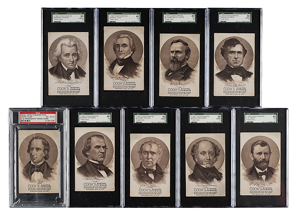 Circa 1887 Cook's Baking Trade Card PSA- and SGC-Graded Collection (13) Including Lincoln, Washington, and Jefferson