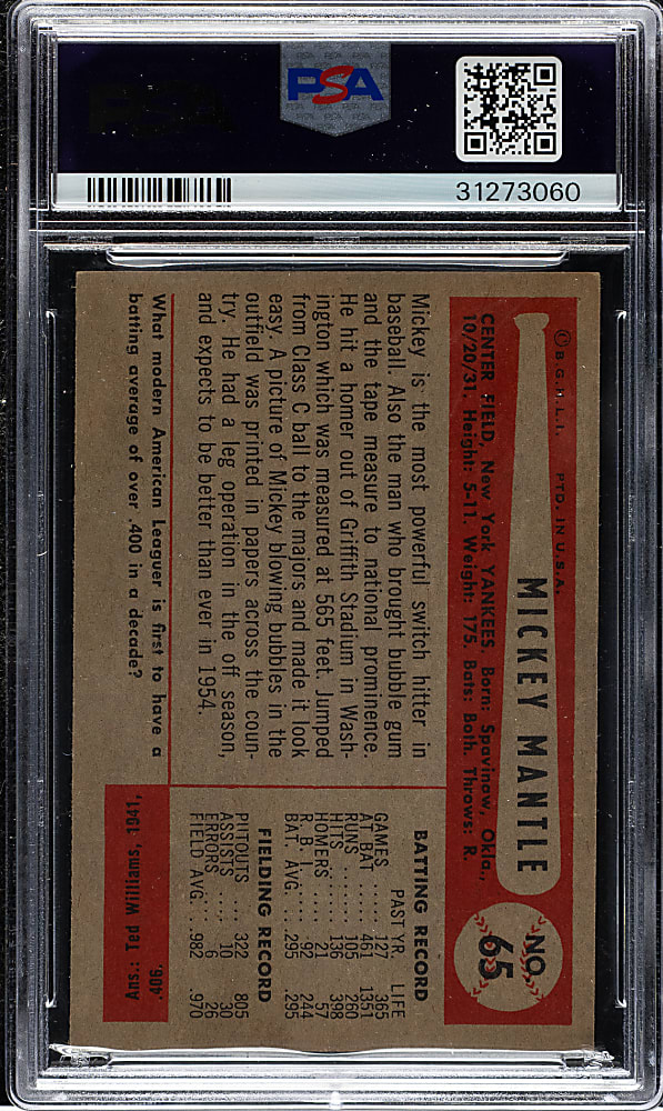 1954 Bowman #65 Mickey Mantle PSA EX-MT 6