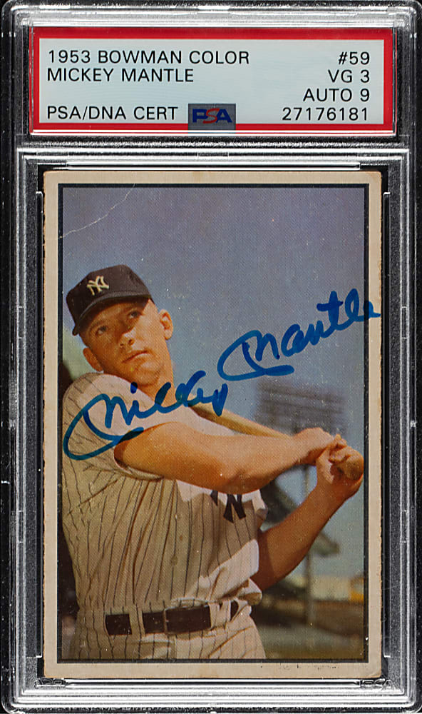 Signed 1953 Bowman Color #59 Mickey Mantle PSA VG 3 with MINT 9 Signature