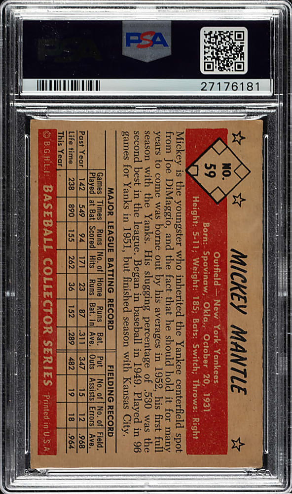 Signed 1953 Bowman Color #59 Mickey Mantle PSA VG 3 with MINT 9 Signature