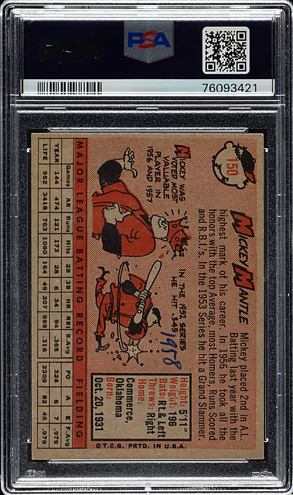 Signed 1958 Topps #150 Mickey Mantle PSA EX-MT 6 (MK) with GEM MINT 10 Signature