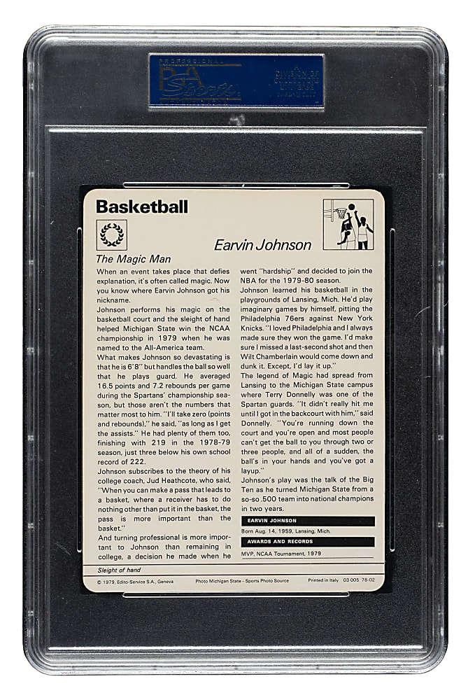 1977-1979 Sportscaster Italy Basketball #78-02 Magic Johnson Rookie PSA MINT 9