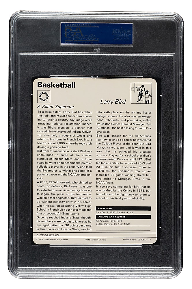 1977-1979 Sportscaster Italy Basketball #74-18 Larry Bird Rookie PSA MINT 9