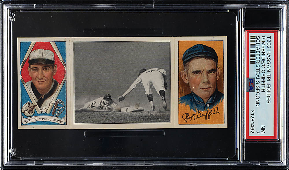 1912 T202 Hassan Triple Folder "Schaefer Steals Second" Clark Griffith/McBride PSA NM 7