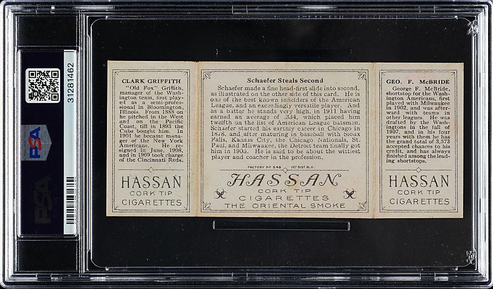 1912 T202 Hassan Triple Folder "Schaefer Steals Second" Clark Griffith/McBride PSA NM 7