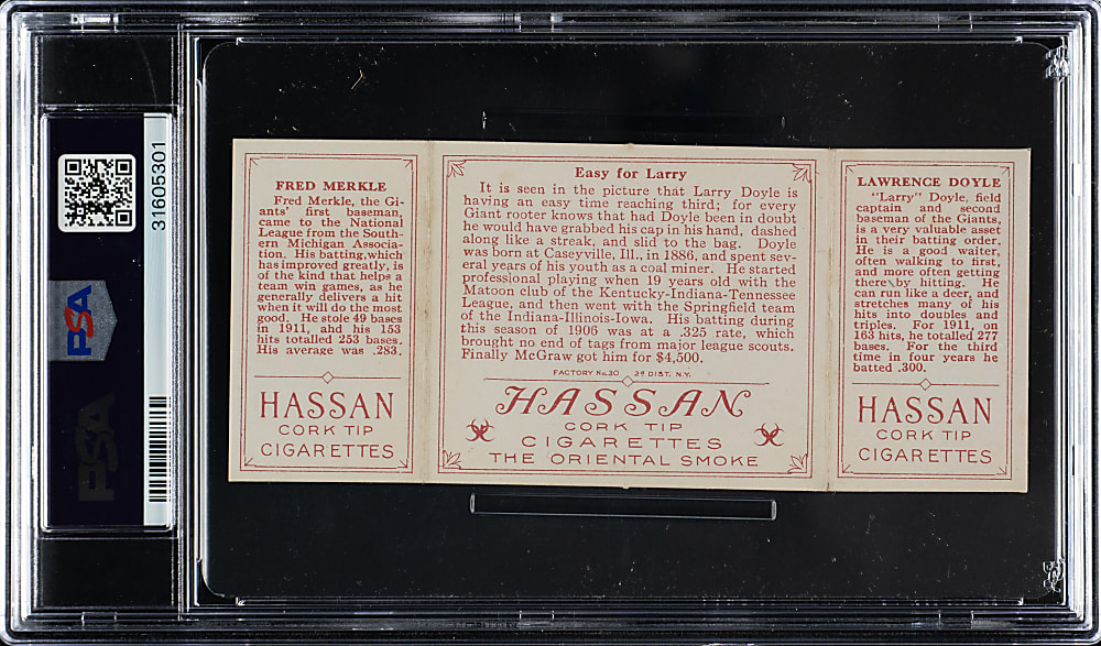 1912 T202 Hassan Triple Folder "Easy For Larry" Doyle/Merkle PSA NM 7