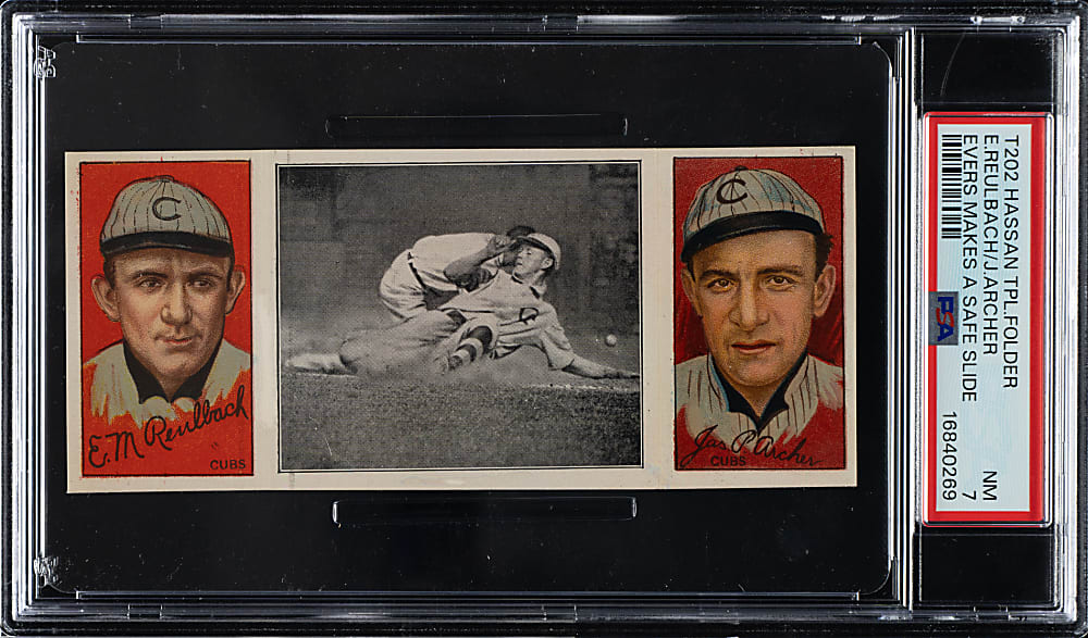 1912 T202 Hassan Triple Folder "Evers Make A Safe Slide" Archer/Reulbach PSA NM 7
