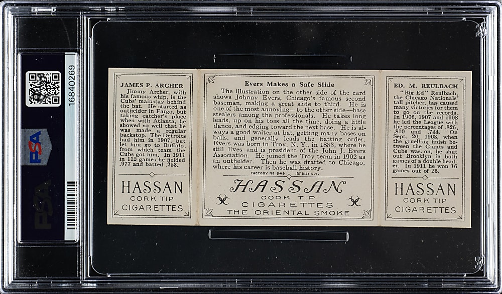 1912 T202 Hassan Triple Folder "Evers Make A Safe Slide" Archer/Reulbach PSA NM 7