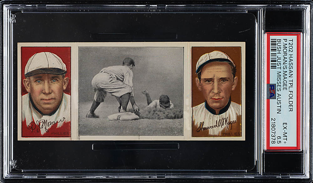 1912 T202 Hassan Triple Folder "Bush Just Misses Austin" Moran/Magee PSA EX-MT+ 6.5