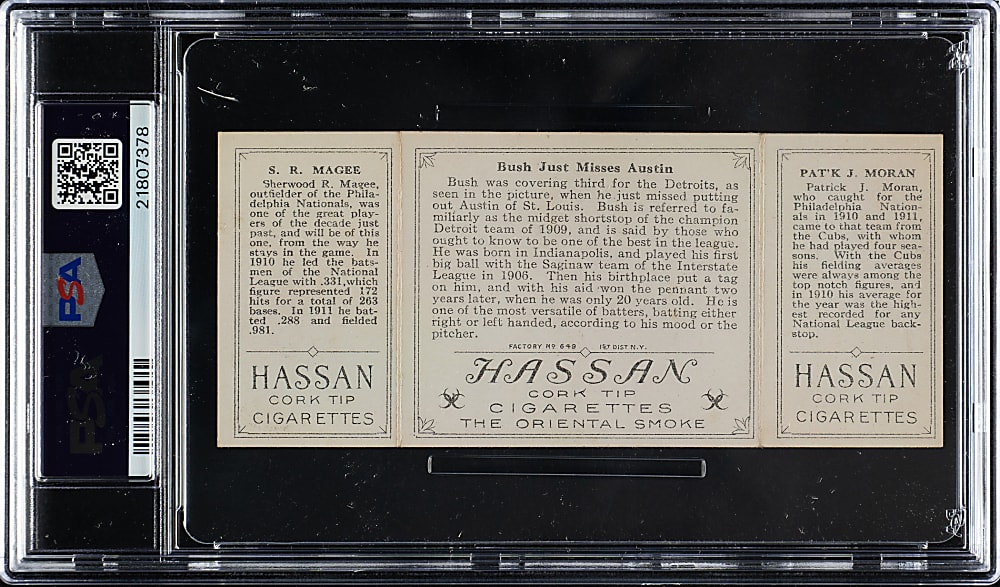 1912 T202 Hassan Triple Folder "Bush Just Misses Austin" Moran/Magee PSA EX-MT+ 6.5