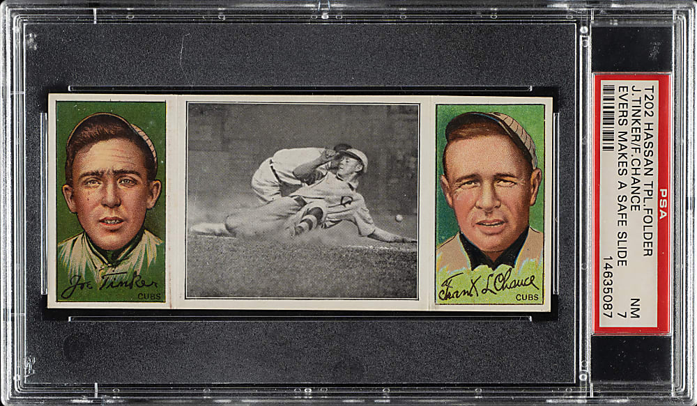 1912 T202 Hassan Triple Folder "Evers Makes A Safe Slide" Joe Tinker/Frank Chance PSA NM 7