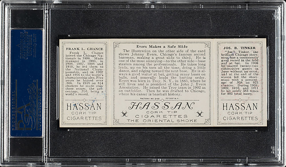 1912 T202 Hassan Triple Folder "Evers Makes A Safe Slide" Joe Tinker/Frank Chance PSA NM 7