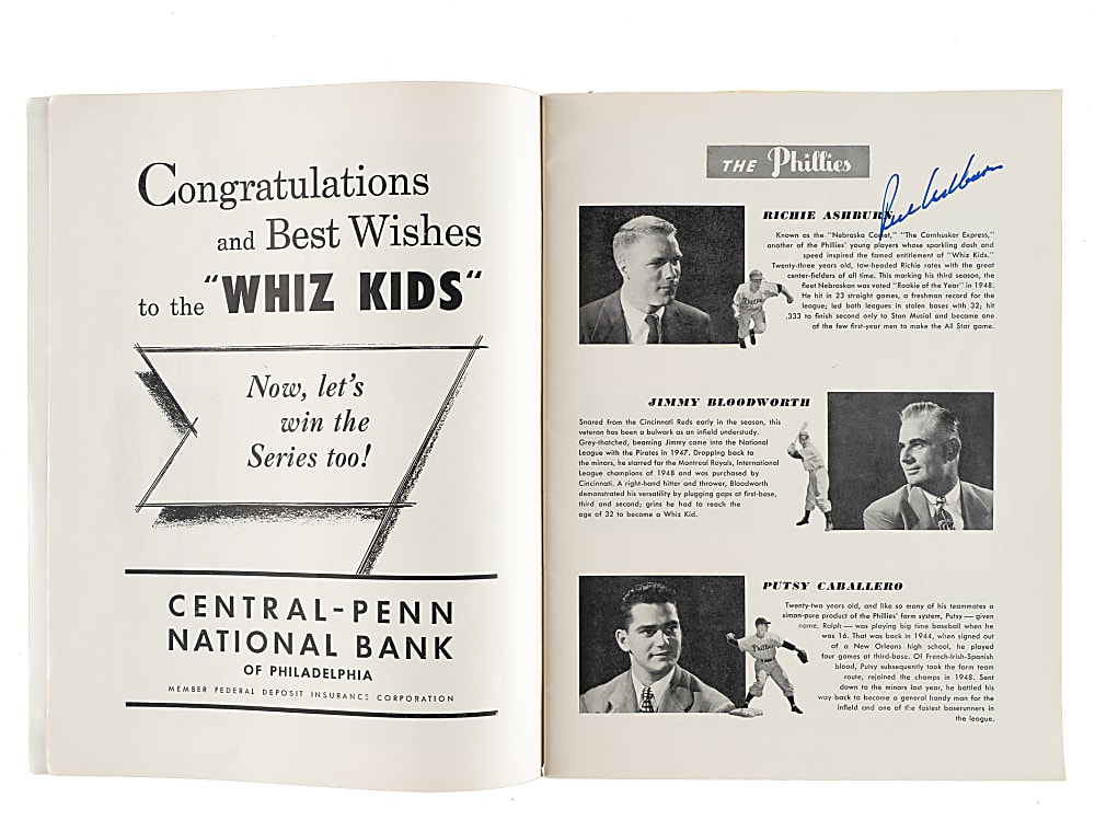 1950 Philadelphia Phillies vs. New York Yankees Multi-Signed World Series Program with Ashburn, DiMaggio, Berra, Martin, and Roberts