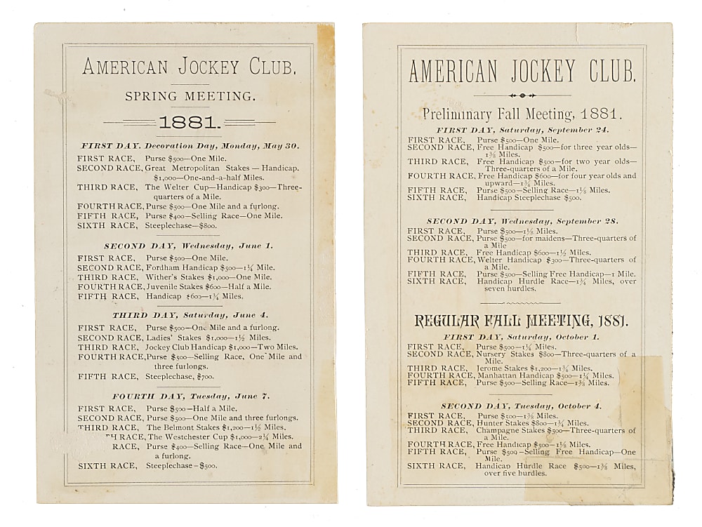 1881 American Jockey Club Jerome Park Spring and Fall Program Pair