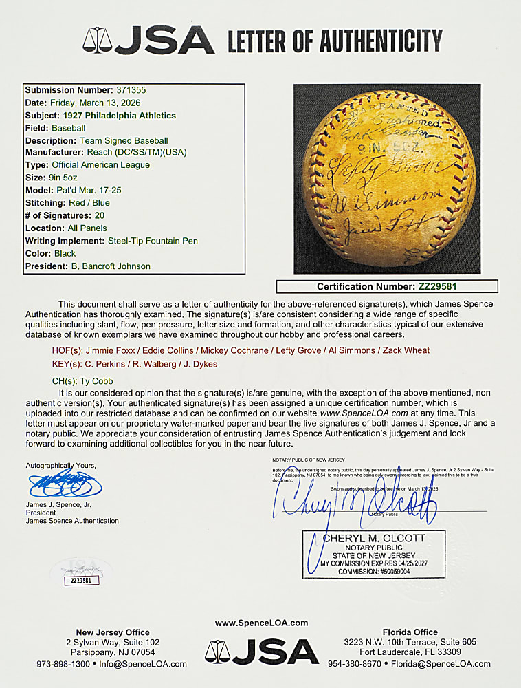 1927 Philadelphia Athletics Team-Signed Baseball with Foxx, Simmons, Wheat, and Collins - JSA