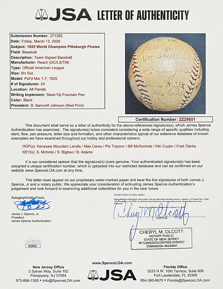 1925 Pittsburgh Pirates World Champions Team-Signed Baseball with Kenesaw Landis and Fred Clarke - JSA
