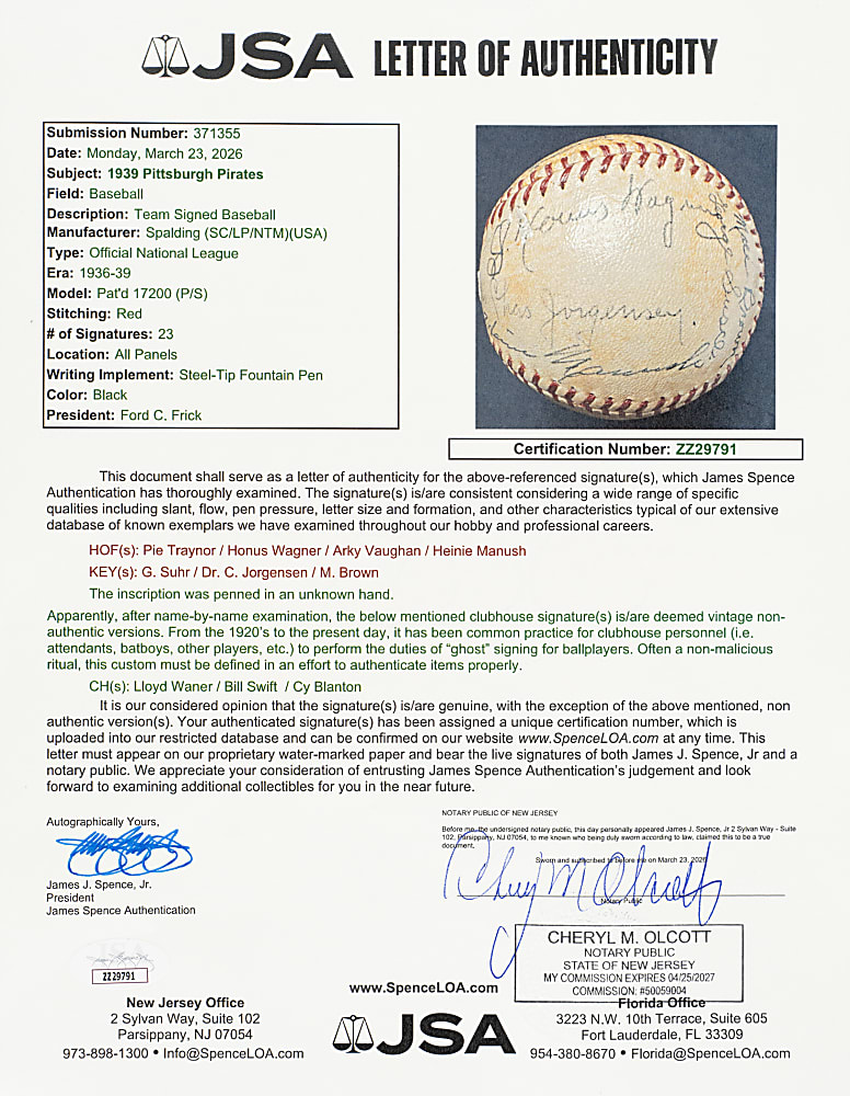 1939 Pittsburgh Pirates Team-Signed Baseball with Honus Wagner and Pie Traynor - JSA