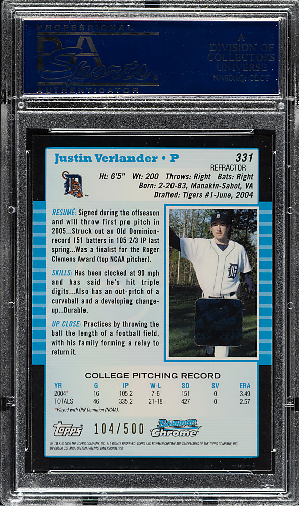 2005 Bowman Chrome Autograph #331 Justin Verlander Rookie Refractor #104/500 PSA GEM MINT 10