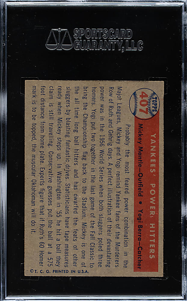 1957 Topps #407 Yankees' Power Hitters with Mantle and Berra SGC NM 84