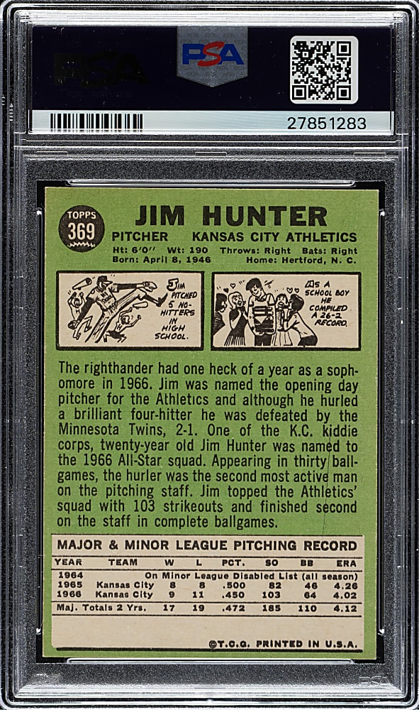 1967 Topps #369 Jim "Catfish" Hunter PSA MINT 9