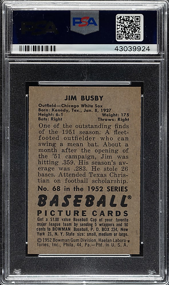 1952 Bowman #68 Jim Busby PSA MINT 9 - 1 of 4 - Highest Graded!