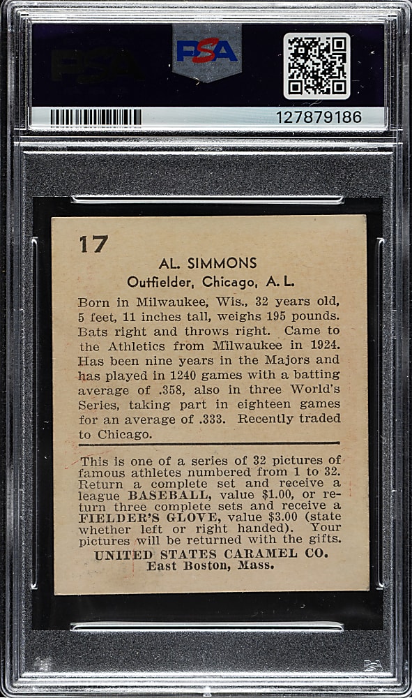 1932 R328 U.S. Caramel #17 Al Simmons PSA VG-EX 4