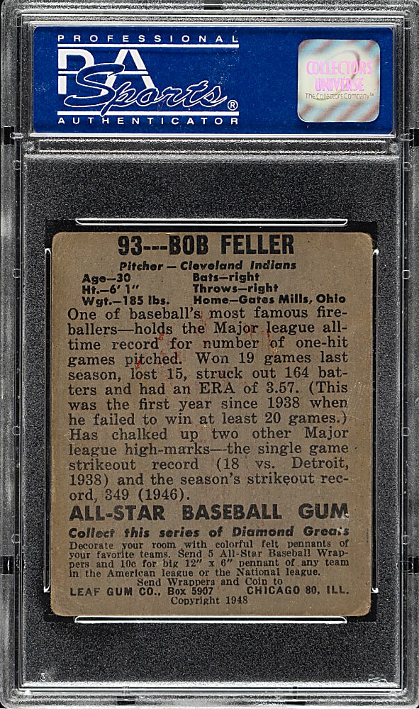 1948-1949 Leaf #93 Bob Feller Short Print PSA GOOD 2