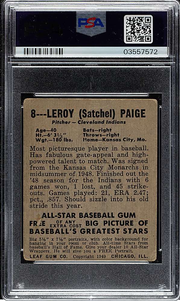 1948-1949 Leaf #8 Satchel Paige Rookie Short Print PSA VG 3