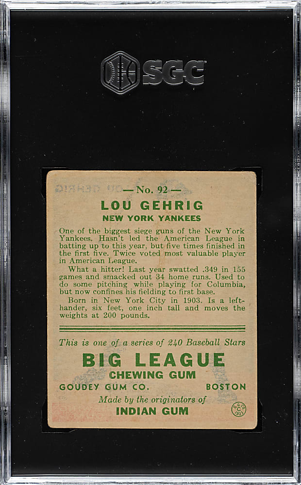 1933 R319 Goudey #92 Lou Gehrig SGC GOOD 2