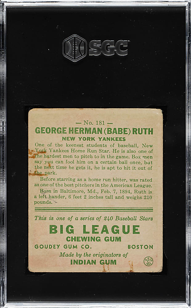 1933 R319 Goudey #181 Babe Ruth SGC VG 3