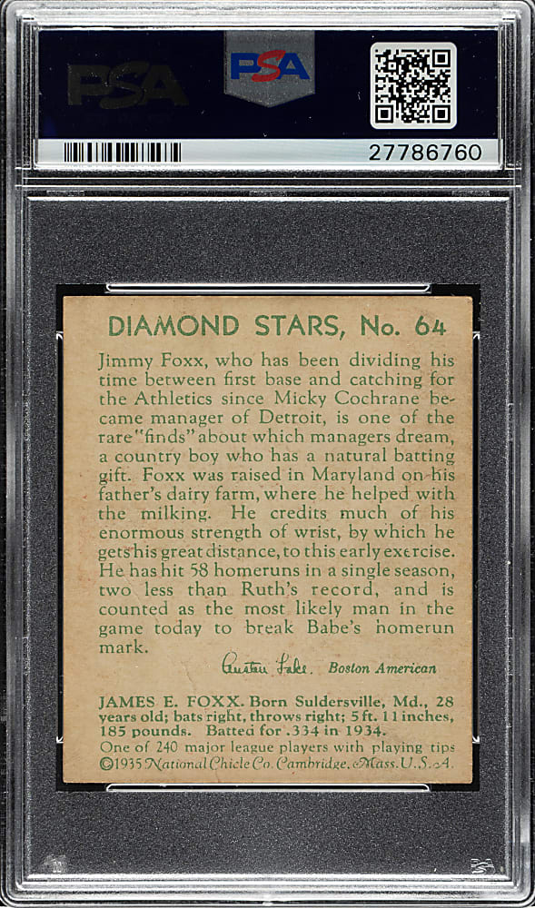 1934-1936 R327 Diamond Stars #64 Jimmie Foxx PSA VG 3