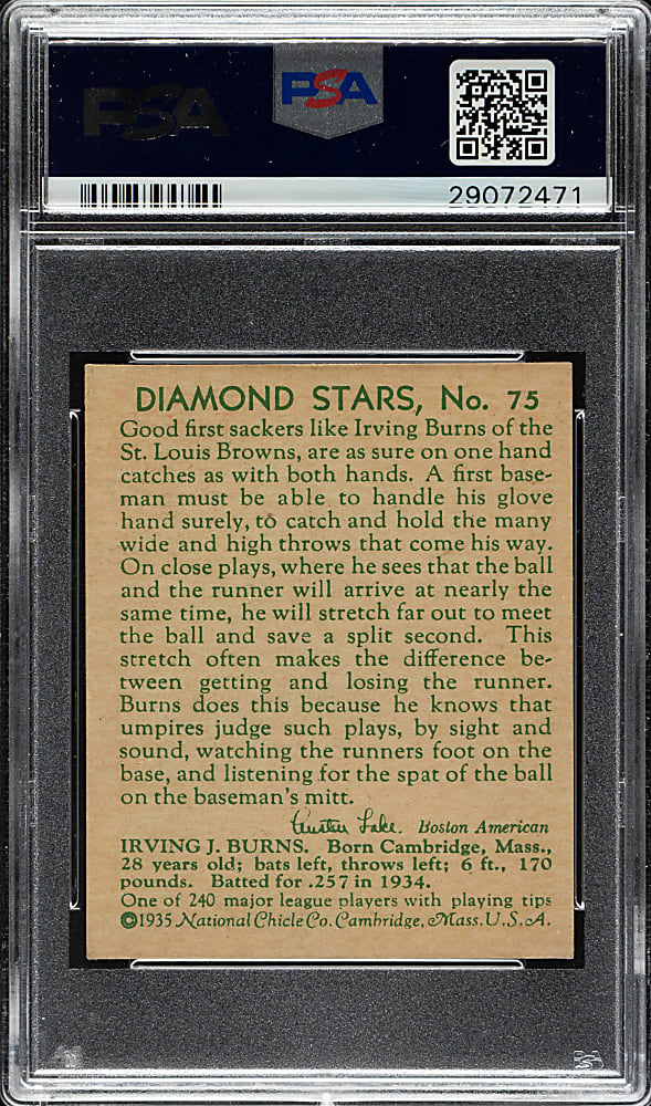 1934-1936 R327 Diamond Stars #75 Irving Burns (1935 Green Back) PSA NM-MT 8