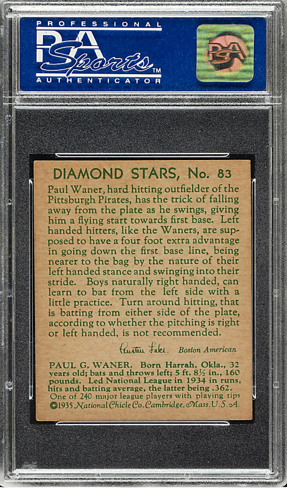 1934-1936 R327 Diamond Stars #83 Paul Waner (1935 Green Back) PSA EX-MT 6