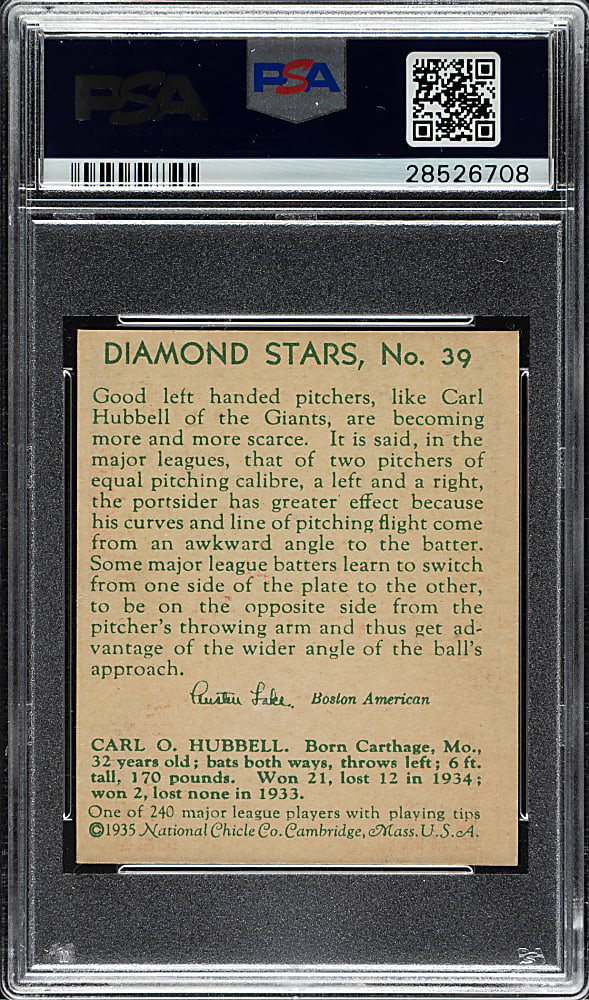 1934-1936 R327 Diamond Stars #39 Carl Hubbell PSA NM 7