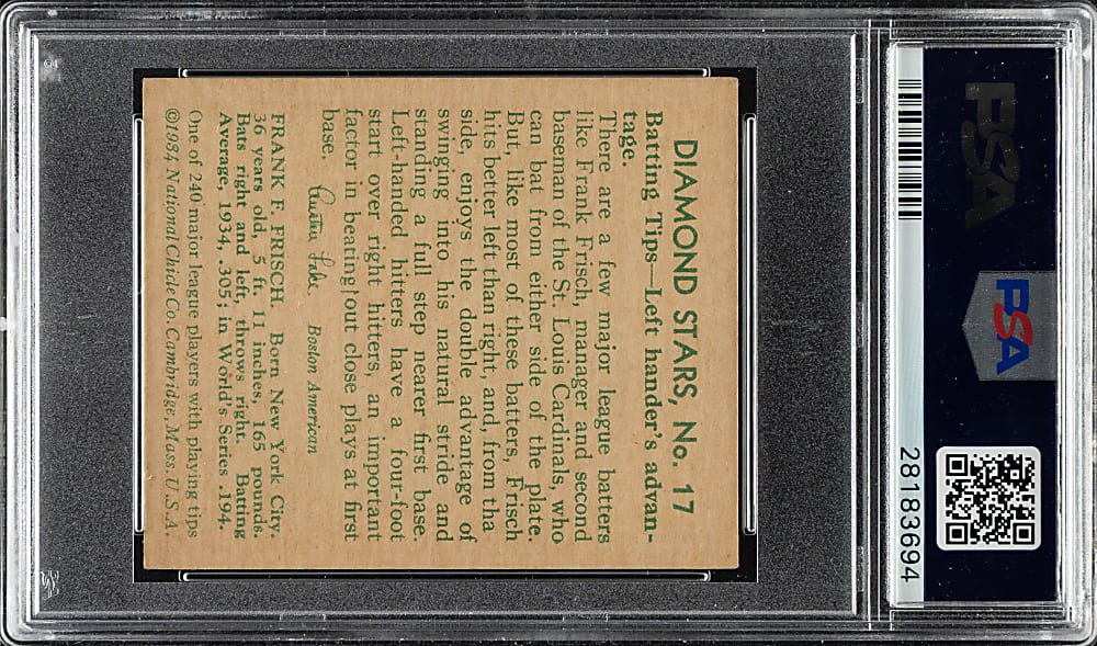 1934-1936 R327 Diamond Stars #17 Frankie Frisch (1935 Green Back) PSA NM 7