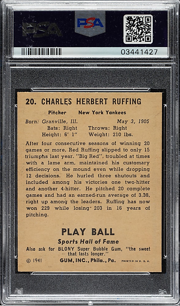 1941 R336 Play Ball #20 Red Ruffing PSA EX-MT 6
