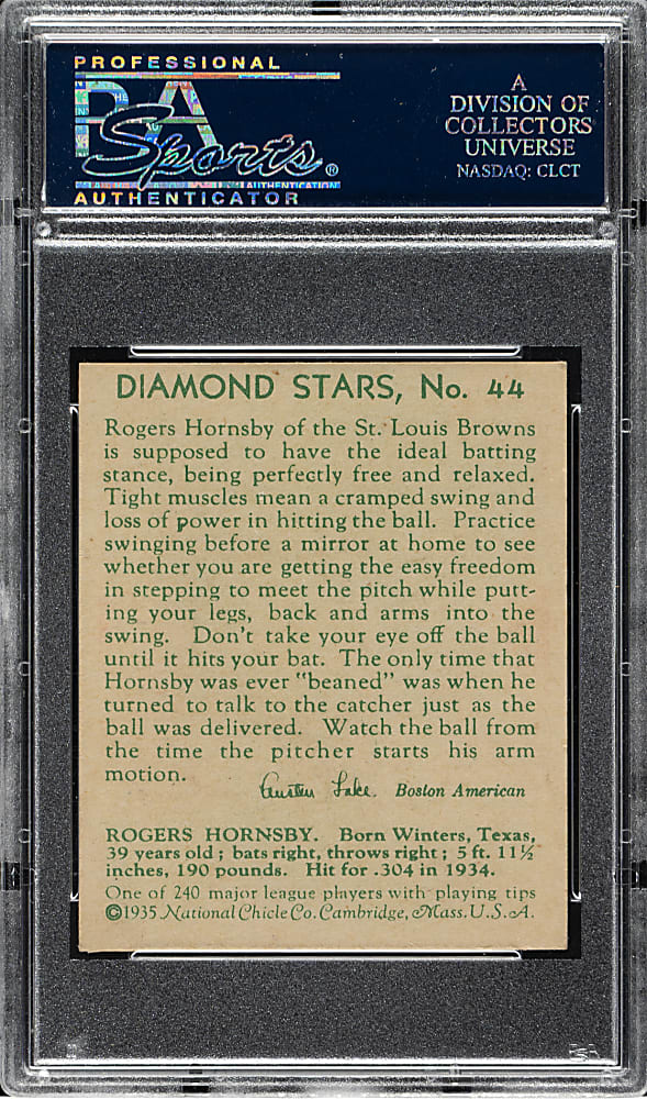 1934-1936 R327 Diamond Stars #44 Rogers Hornsby PSA EX-MT 6