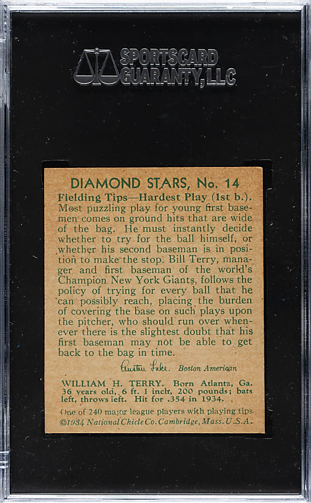 1934-1936 R327 Diamond Stars #14 Bill Terry (1935 Green Back) SGC EX/NM 6
